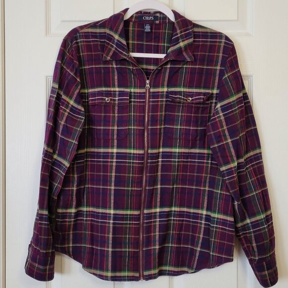 Chaps Ralph Lauren Women's Long Sleeve Plaid Zippered Shirt ~ Sz. Large ~ EUC ~ - Picture 2 of 4
